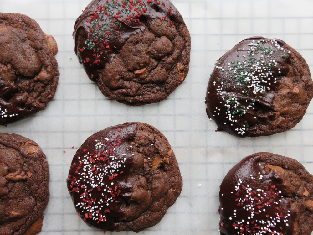 Mint Chocolate Chunk Cookies with Dark Chocolate Ganache